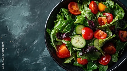 A delicious mix of fresh salad ingredients including greens, cherry tomatoes and cucumbers in a black bowl against a dark textured surface, showcasing a striking contrast. photo