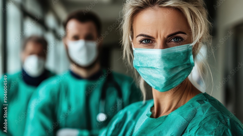 A determined medical team in scrubs and surgical masks confidently stare ahead, exemplifying teamwork, precision, and readiness in a professional medical setting. A determined medical team in scrubs and surgical masks confidently stare ahead, exemplifying teamwork, precision, and readiness in a professional medical setting.