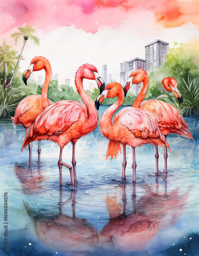 Obraz premium A group of flamingos standing in shallow water with reflections, surrounded by lush greenery and city buildings in the background, under a colorful sky