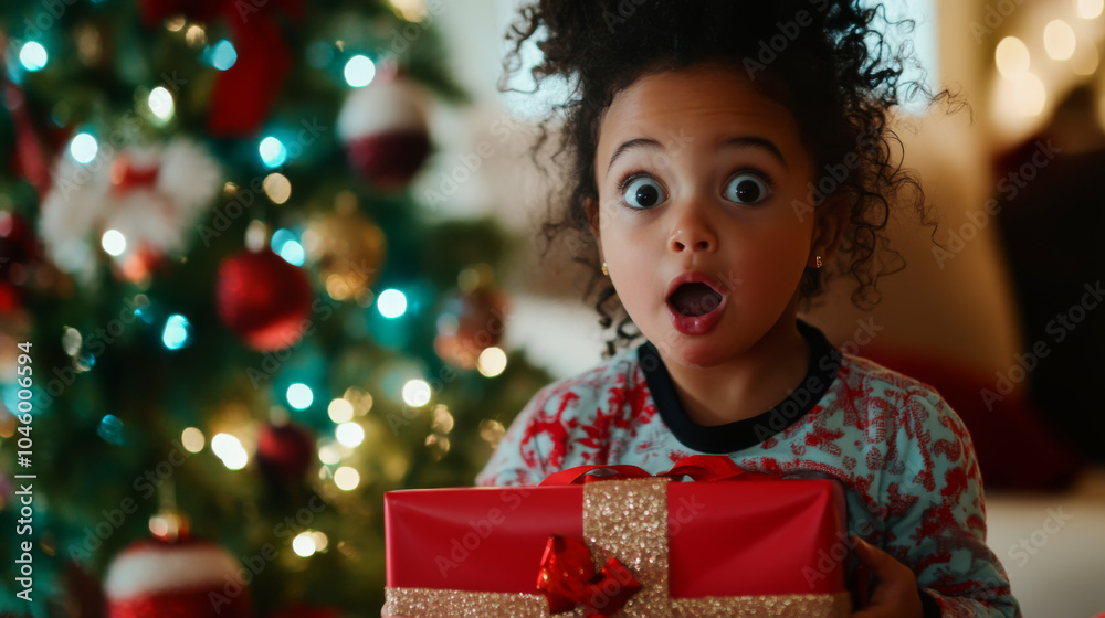 Surprised child holding a gift with christmas tree in background Surprised child holding a gift with christmas tree in background