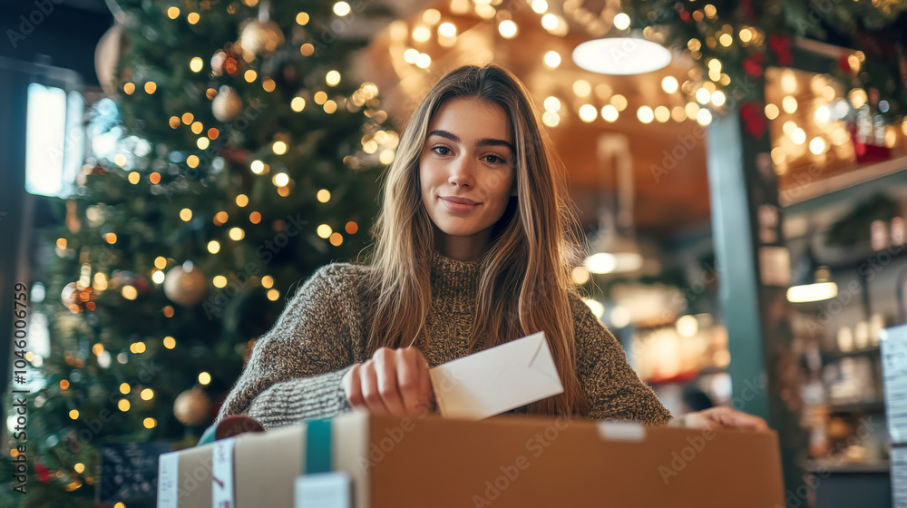 Woman filling gift box in cozy cafe with christmas tree and festive lights