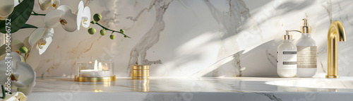 A bathroom with a sink, soap dispenser, and a vase of flowers photo