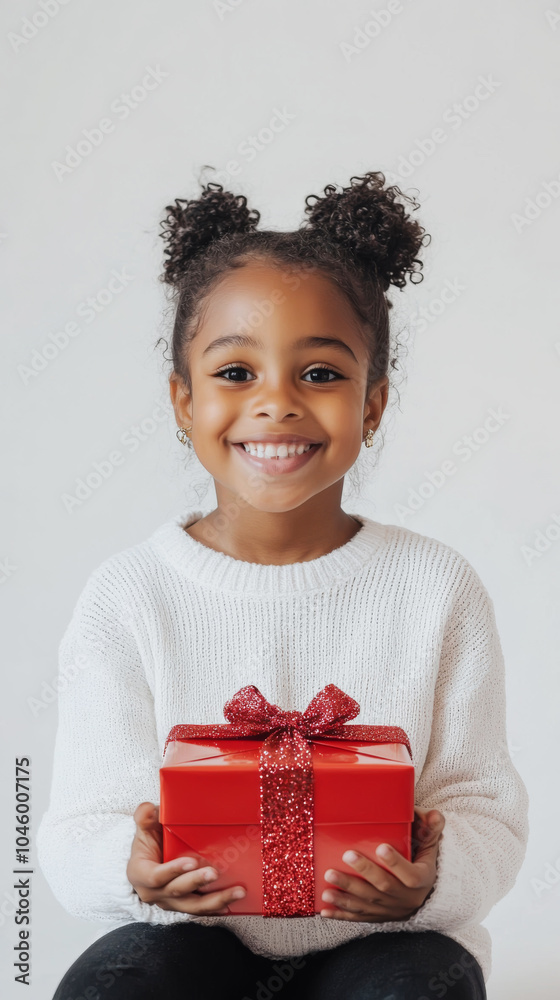 Joyful child holding a gift box with excitement and smiles Joyful child holding a gift box with excitement and smiles