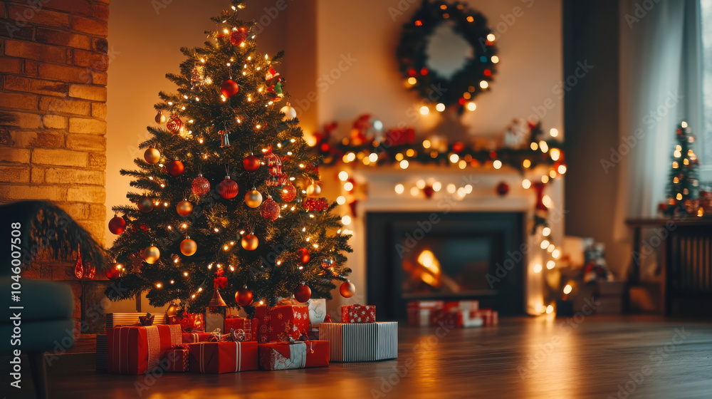 Cozy christmas living room with decorated tree and warm fireplace ambiance Cozy christmas living room with decorated tree and warm fireplace ambiance