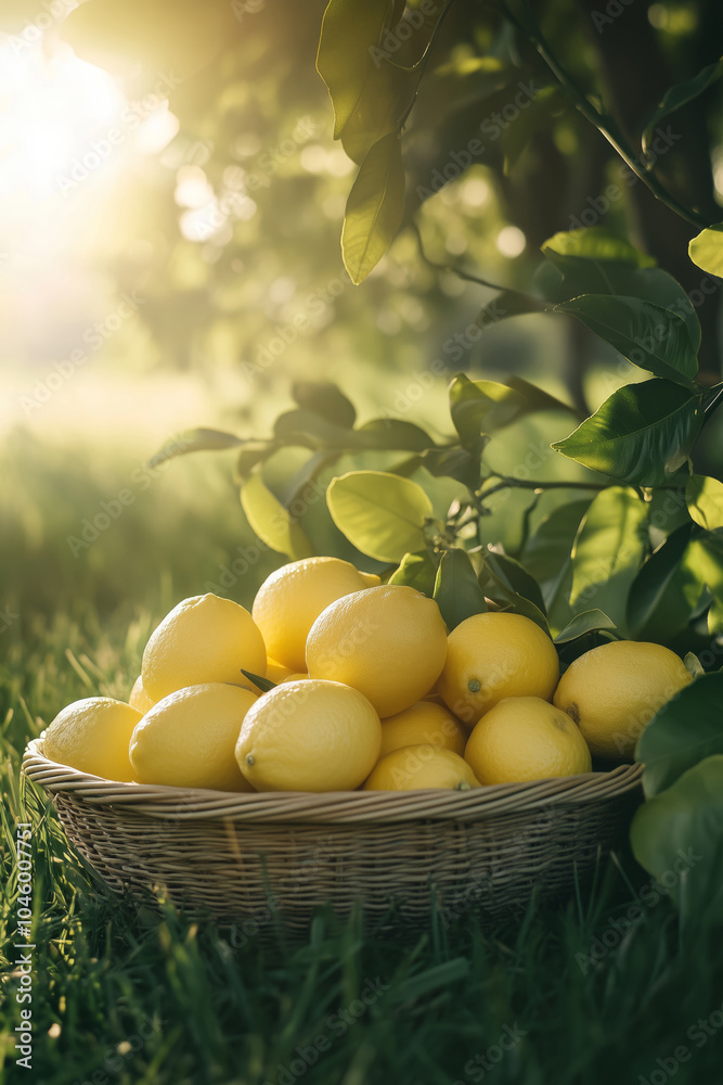 Ripe yellow lemons in a wicker basket on the grass in an orchard Ripe yellow lemons in a wicker basket on the grass in an orchard