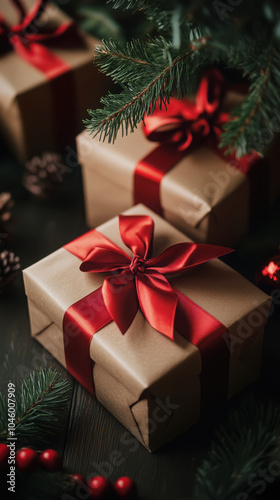 Beautifully wrapped christmas gifts with red ribbons under holiday tree photo