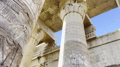 Look up at the sky-scraping columns that seem to touch the heavens within the temple of Sobek. These celestial structures, adorned with astronomical symbols, connect the earthly realm with the divine.