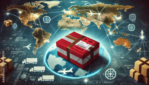 A Austria flag-wrapped package sits on a glowing map of the world, showcasing global trade routes with planes, trucks, and parcels connecting continents