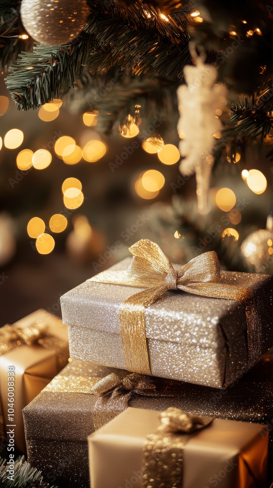 Glittering christmas gift boxes under twinkling holiday tree lights