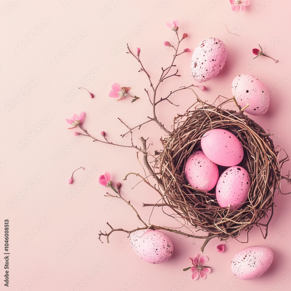A nest of pink eggs sits on a pink background A nest of pink eggs sits on a pink background