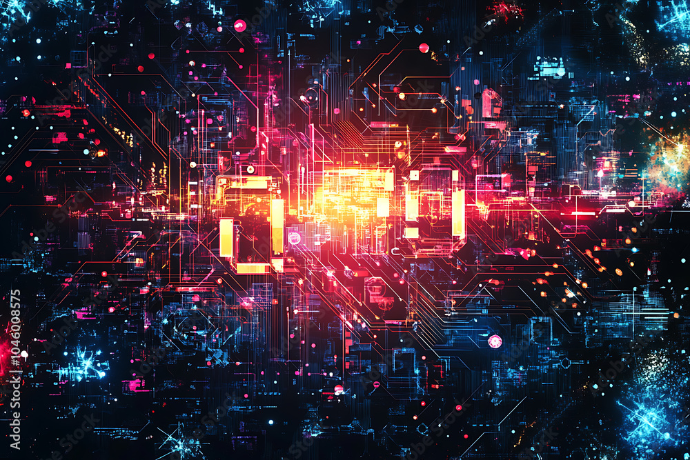 Fototapeta premium A futuristic circuit board design in festive New Year colors, featuring intricate digital technology elements, glowing lights, and advanced geometric patterns for a modern tech aesthetic.