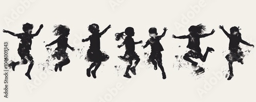 Black and white silhouettes of children jumping and playing in the grass, symbolizing childhood joy and freedom.