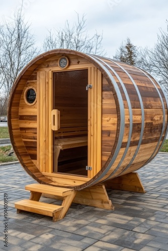 Outdoor Wooden Barrel Sauna in Backyard. Cozy Spa, Bathhouse Treatment Wellness Relaxation Concept.