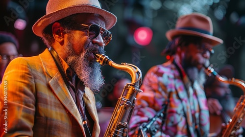 two skilled saxophonists play under the warm glow of stage lights, their passionate performance captivating the audience.festival or concert photo