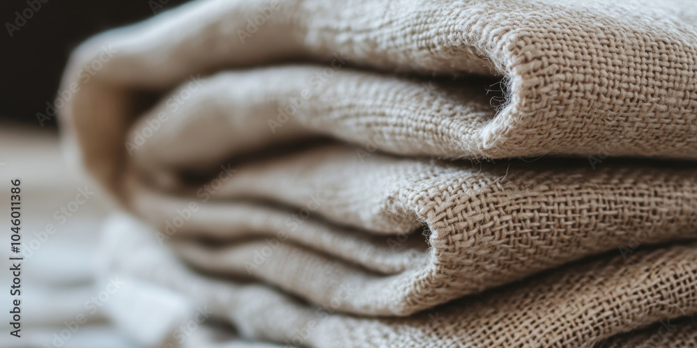 Fototapeta premium Close-up of folded hemp fabric with its earthy, woven texture and visible fibers, showing the organic, unrefined appearance of this environmentally friendly material