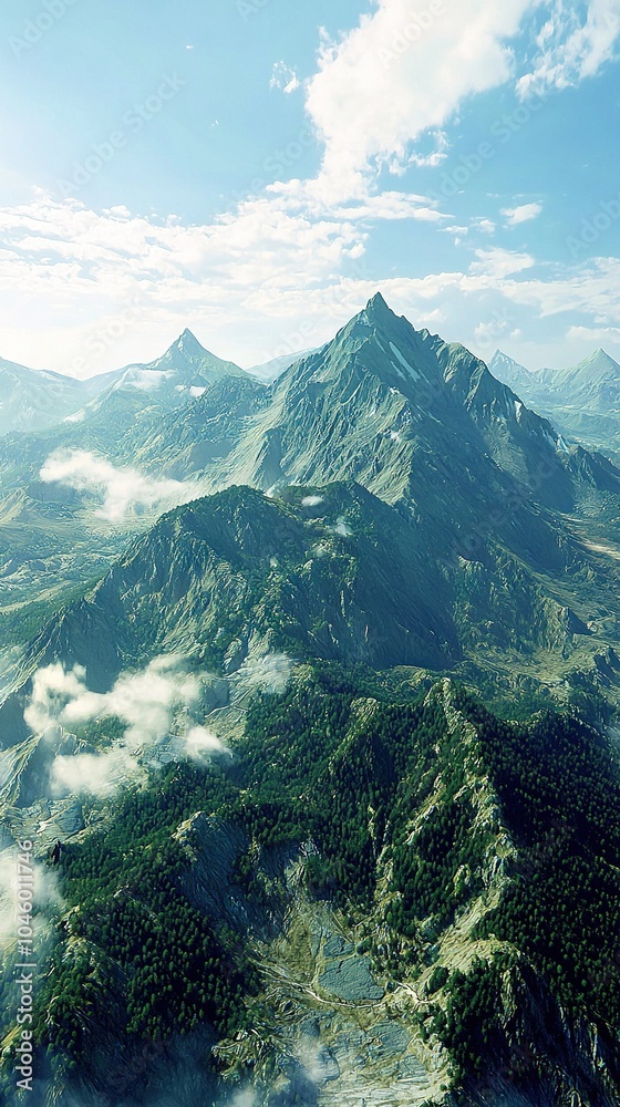 Obraz premium A bird's-eye view of a mountain range with clouds in the foreground and a blue sky with white clouds in the background
