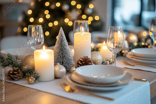 Table serving with white plates, glasses, lighted candles and new year decoration for celebration dinner, festive interior settings for winter holiday against blurred christmas tree