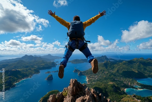 Hyper-realistic image of a person making a leap of faith off a cliff, showing the vivid details of courage and trust in oneself