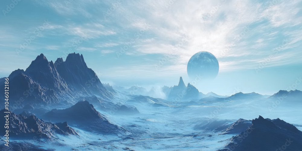 A blue alien planet with an uneven surface of craters and tall, sharp mountains, all under a swirling, cloud-filled sky, showcasing an exotic, otherworldly landscape A blue alien planet with an uneven surface of craters and tall, sharp mountains, all under a swirling, cloud-filled sky, showcasing an exotic, otherworldly landscape
