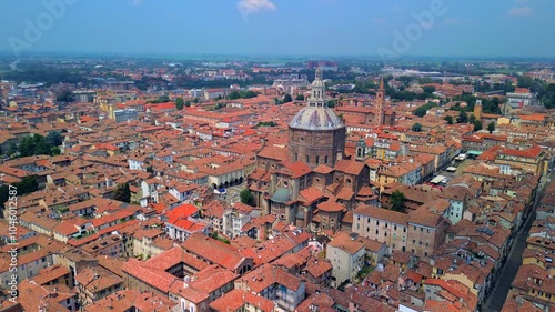 Drone view of the city with the Duomo Santo Stefano and Santa Maria Assunta cathedral in the city center. drone. City of a hundred towers. medieval architecture. University. Pavia Italy 23.04.2025