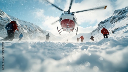 A helicopter hovers over a snowy valley as rescue personnel perform an operation, surrounded by magnificent snow-laden peaks under a sky filled with scattered clouds.