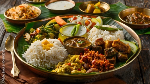 A traditional Indian thali with rice, vegetables, and curries served on a banana leaf.