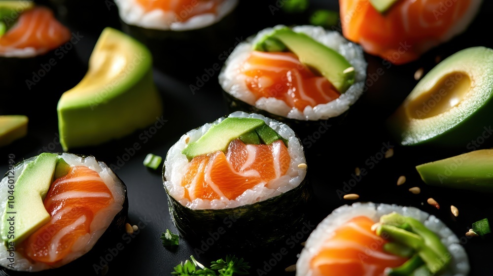 Close-up of delectable salmon and avocado sushi rolls, garnished with green vegetables and presented on a dark plate, embodying a sense of freshness and elegance. Close-up of delectable salmon and avocado sushi rolls, garnished with green vegetables and presented on a dark plate, embodying a sense of freshness and elegance.