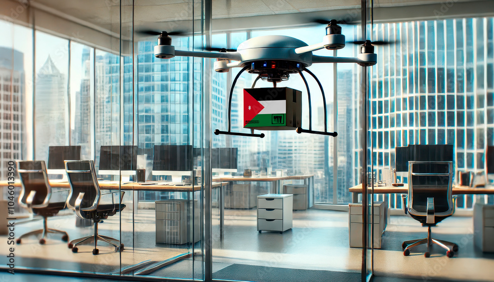 Obraz premium A drone delivers a package featuring a Jordan flag in a modern office with glass walls and skyscrapers in the background.