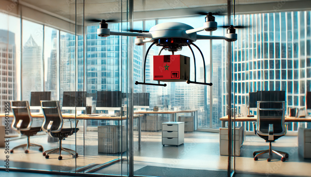 Obraz premium A drone delivers a package featuring a Morocco flag in a modern office with glass walls and skyscrapers in the background.