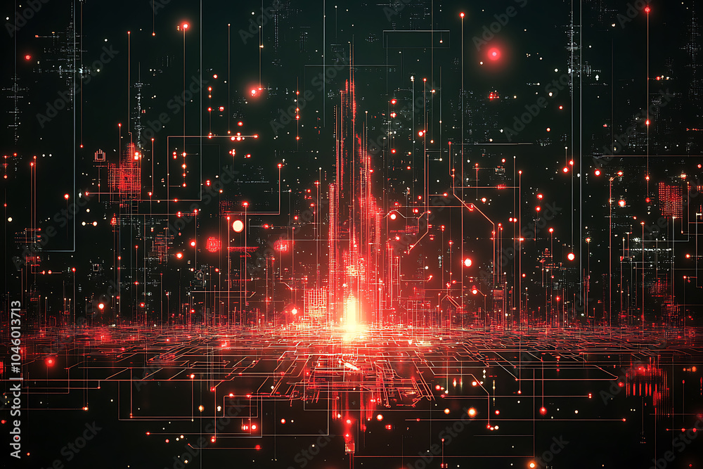 Fototapeta premium A futuristic circuit board design in festive New Year colors, featuring intricate digital technology elements, glowing lights, and advanced geometric patterns for a modern tech aesthetic.