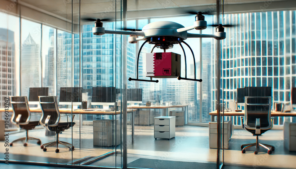Obraz premium A drone delivers a package featuring a Qatar flag in a modern office with glass walls and skyscrapers in the background.