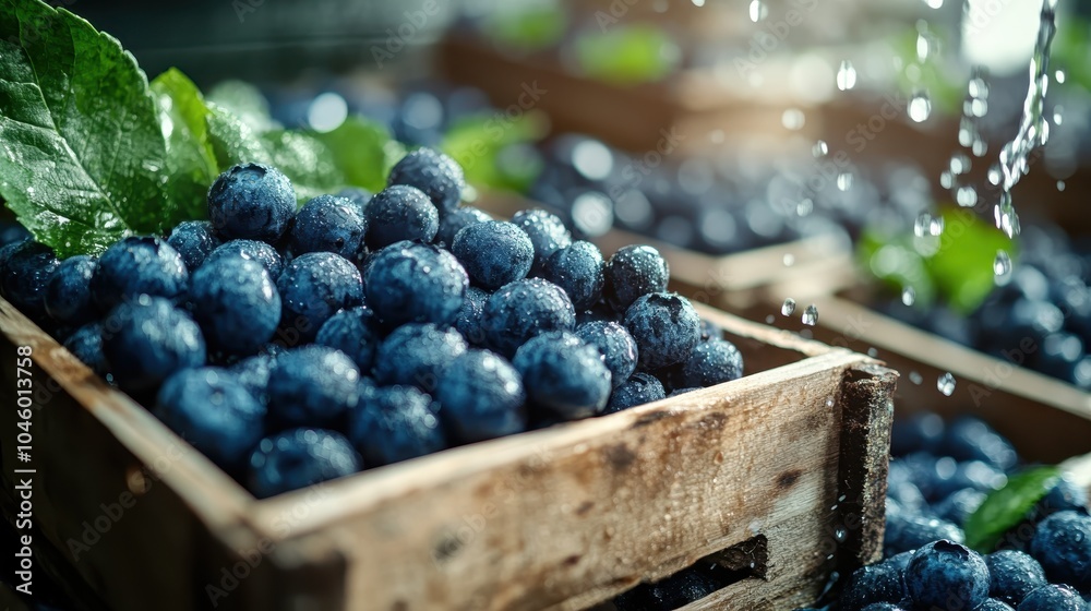 custom made wallpaper toronto digitalA crate of plump blueberries drenched in water, with green leaves, capturing the impeccable freshness during harvest season in a vibrant portrayal.