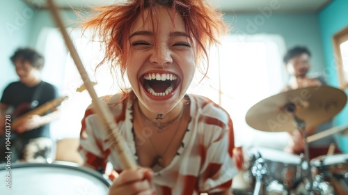 A woman with red hair smiles widely, playing the drums with vigor, her bandmates in the background, under bright lights during an electrifying performance. photo