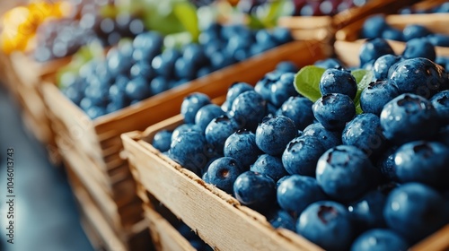 Wallpaper Mural Close-up image of a wooden crate brimming with fresh blueberries, accented by fresh green leaves, perfect for conveying richness and natural goodness. Torontodigital.ca