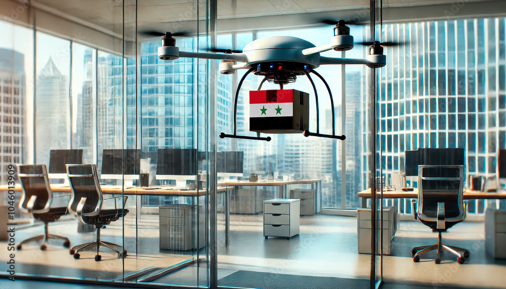 Fototapeta premium A drone delivers a package featuring a Syria flag in a modern office with glass walls and skyscrapers in the background.