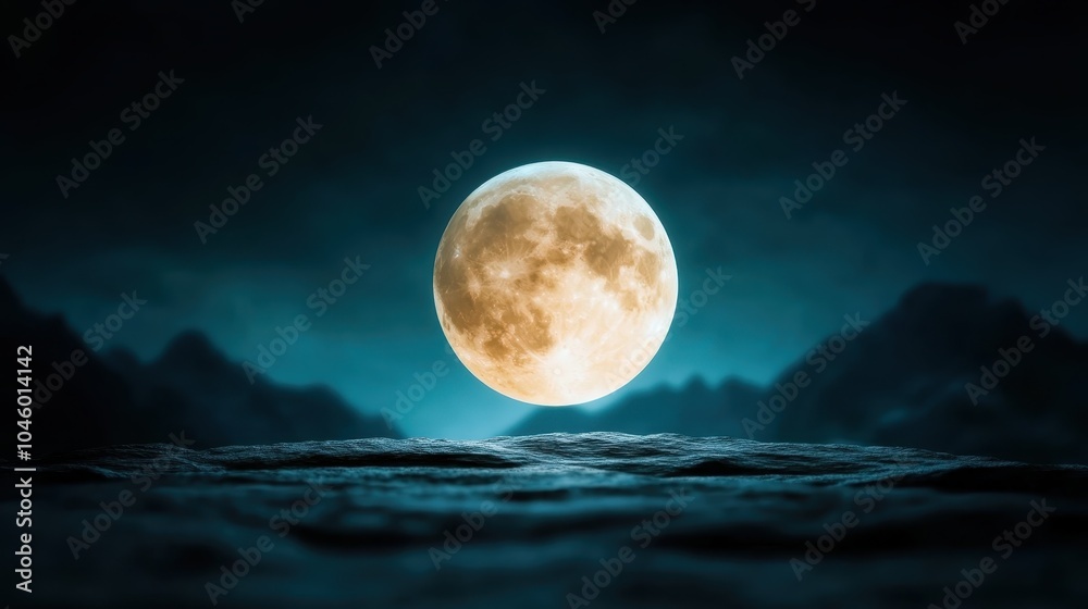 Fototapeta premium A vivid scene showcases the full moon rising prominently against a dark sky, illuminating snow-covered mountain peaks with a serene, mysterious radiance.