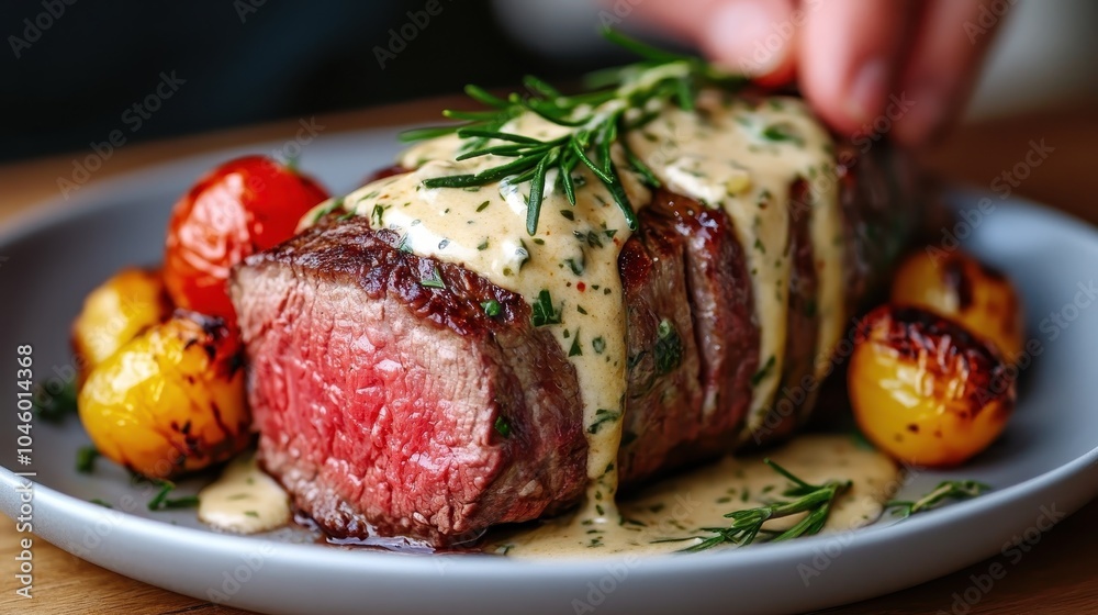 A succulent steak drizzled with creamy sauce and sprinkled with herbs, complemented by roasted vegetables, offering a visually pleasing and appetizing meal.