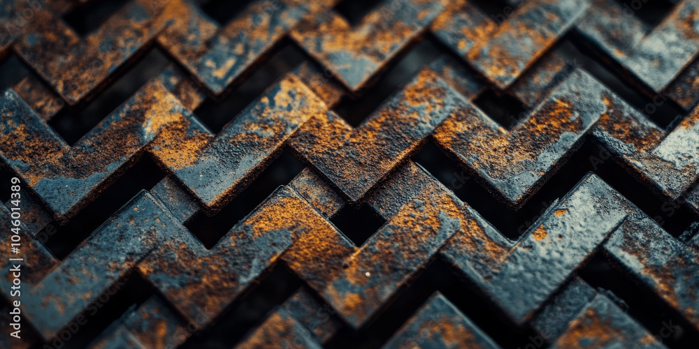 Close-up of a weathered metal grate with a repeating chevron pattern, showcasing rust patches and oxidation, highlighting the texture and weathered decay of the surface Close-up of a weathered metal grate with a repeating chevron pattern, showcasing rust patches and oxidation, highlighting the texture and weathered decay of the surface