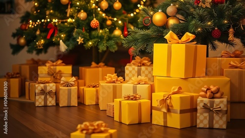 wrapped yellow christmas gift parcels with yellow ribbons under a tree decorated with baubles and lights