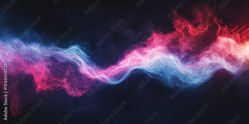 Obraz premium Grainy background displaying a deep crimson, lavender, and light blue glowing color wave against a black backdrop, with noise texture enhancing the design for a dynamic banner