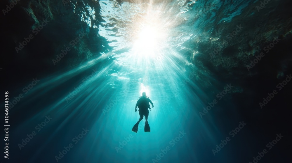 A lone scuba diver submerged in the ocean, illuminated by beams of sunlight filtering through the water, creating a serene and otherworldly underwater experience. A lone scuba diver submerged in the ocean, illuminated by beams of sunlight filtering through the water, creating a serene and otherworldly underwater experience.