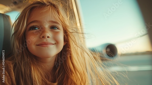 A young girl with bright eyes and a sunlit smile gazes outside an airplane window, embodying the excitement and wonder of travel and discovery of new horizons. photo