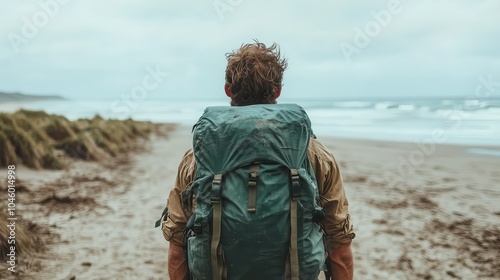 A solitary figure with a large backpack faces the ocean amidst cloudy skies, representing wanderlust, contemplation, and nature's beauty. photo