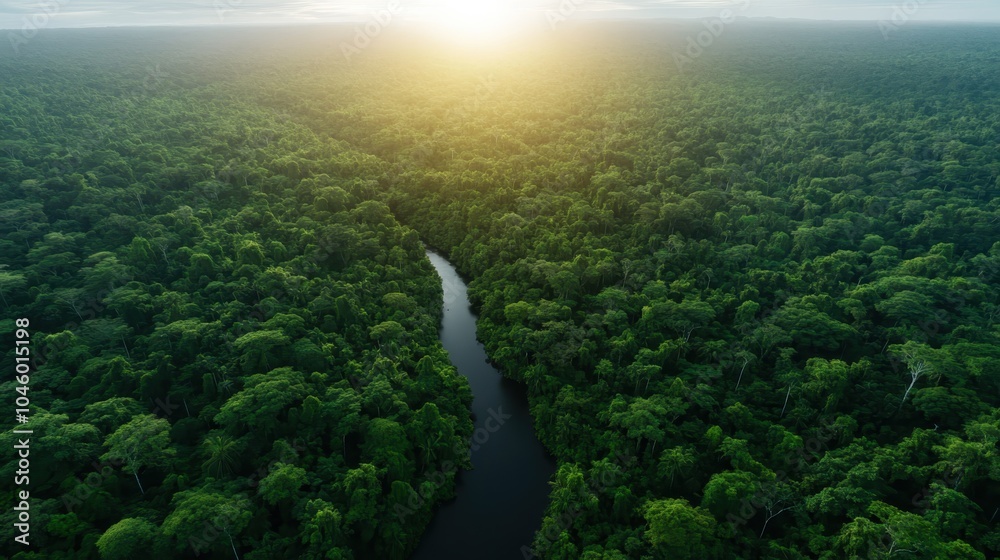 A meandering river flows through a dense forest as the sun sets in the horizon, casting a golden glow and enhancing the stunning tranquility of the natural scene. A meandering river flows through a dense forest as the sun sets in the horizon, casting a golden glow and enhancing the stunning tranquility of the natural scene.