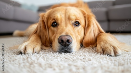 A serene image of a golden retriever resting comfortably on a soft carpet in a home. The dog's peaceful expression conveys contentment and relaxation.