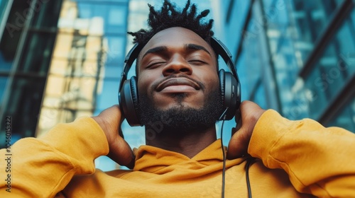 A young man in a yellow hoodie listens to music with headphones while standing against a modern glass building, enjoying the moment with closed eyes. photo