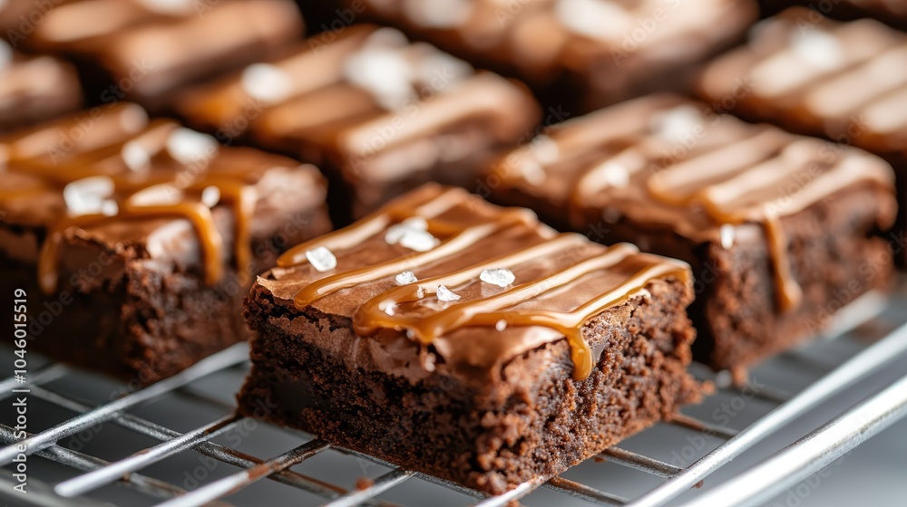Beautifully baked chocolate brownies topped with caramel and sea salt flakes, presented on a cooling rack for an irresistible, gooey dessert temptation. Beautifully baked chocolate brownies topped with caramel and sea salt flakes, presented on a cooling rack for an irresistible, gooey dessert temptation.