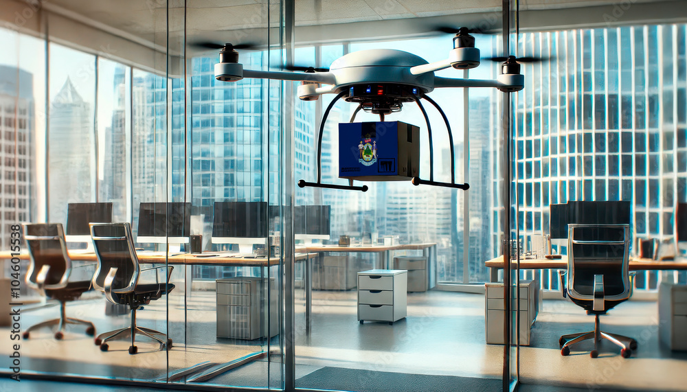 Fototapeta premium A drone delivers a package featuring a Maine flag in a modern office with glass walls and skyscrapers in the background.
