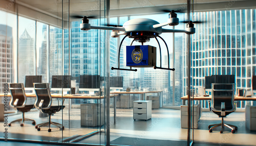Fototapeta premium A drone delivers a package featuring a Nebraska flag in a modern office with glass walls and skyscrapers in the background.