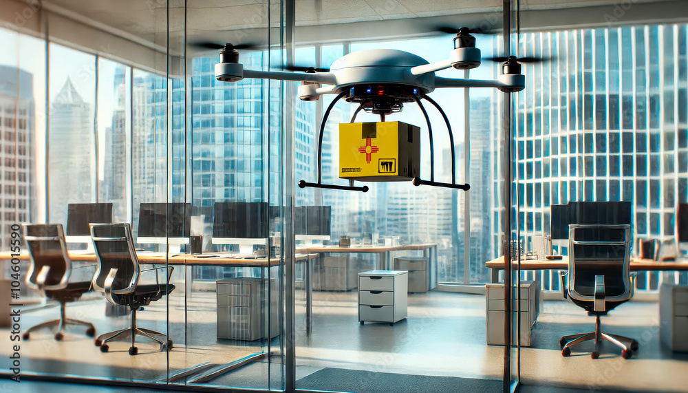 A drone delivers a package featuring a New Mexico flag in a modern office with glass walls and skyscrapers in the background. A drone delivers a package featuring a New Mexico flag in a modern office with glass walls and skyscrapers in the background.